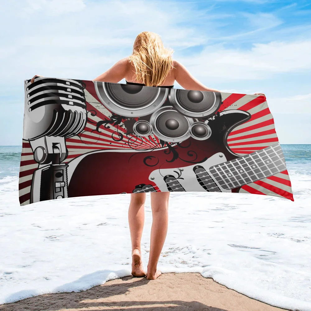 

Guitar Microphone Notes Horn Retro Bath Towel Camping Bathroom Accessories Microfiber Beach Towel Home Bath Towels for Adults
