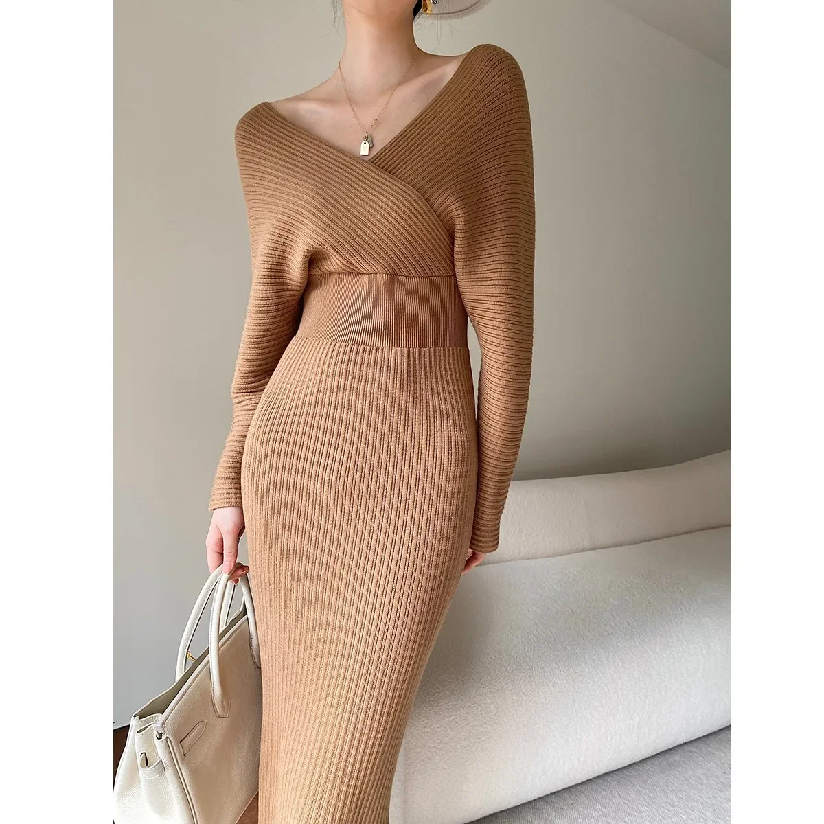 

Sweater Dress Women Autumn Winter New V-neck With Long Slim Knit es Female High Waist Elegant Evening Party J249