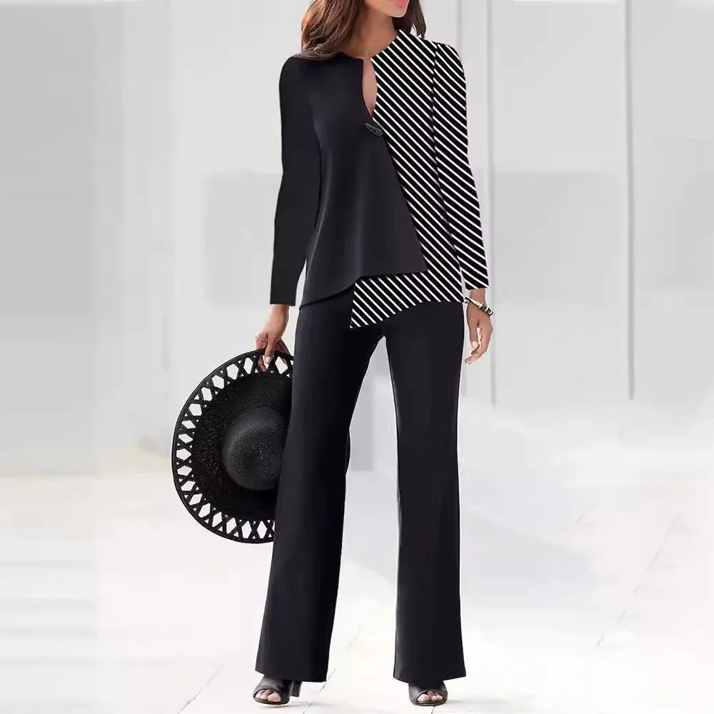 Женский повседневный костюм с цветными блоками топ длинными рукавами и широкие