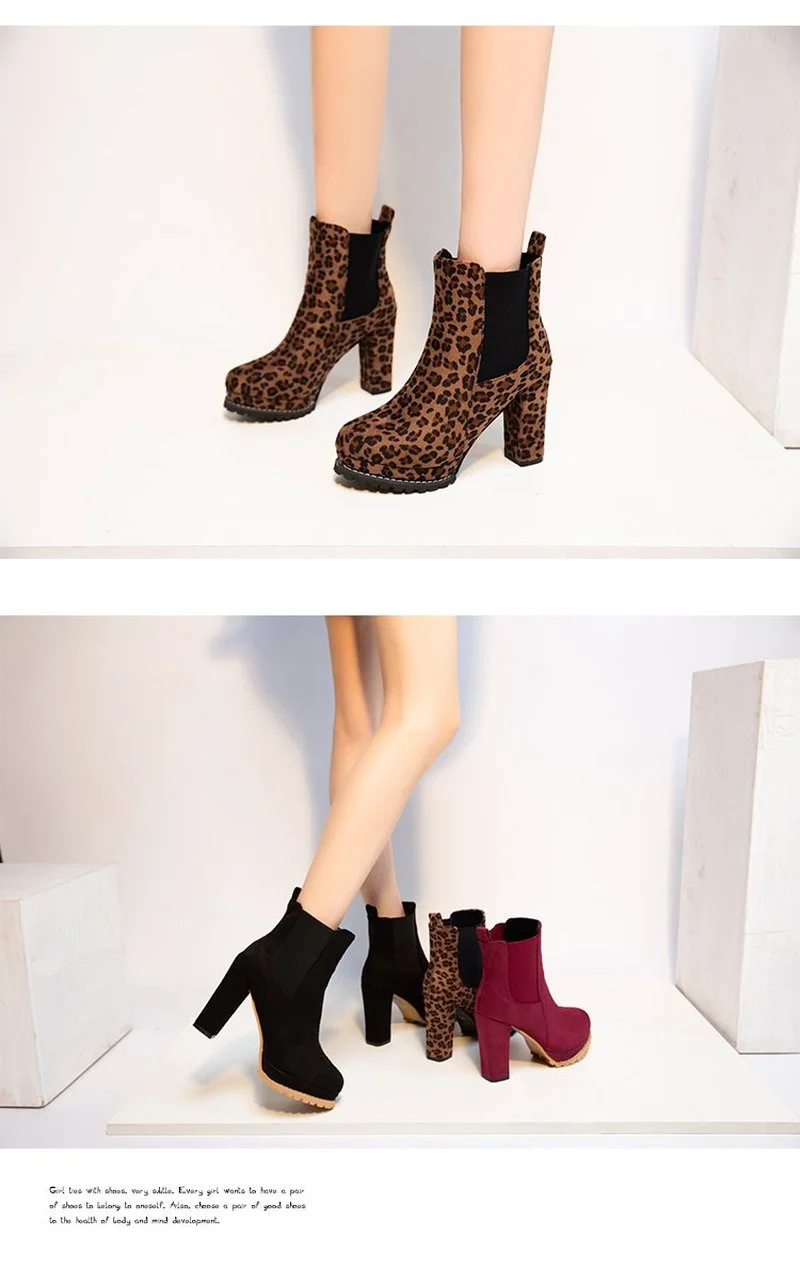 2022 Women Ankle Boots Flock Leopard Slip on Short Boots Women's High Heels Platform Autumn Shoes Ladies Booties Retro Plus 43