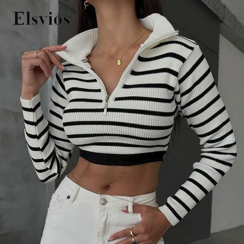 

Элегантный женский полосатый вязаный Топ, повседневный облегающий короткий свитер с длинным рукавом, джемпер, женская модная рубашка-поло с воротником на молнии, пуловер