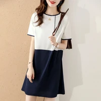 2022 summer new fashion stitching korean slim mid length dress straight casual cotton o neck summer vestidos