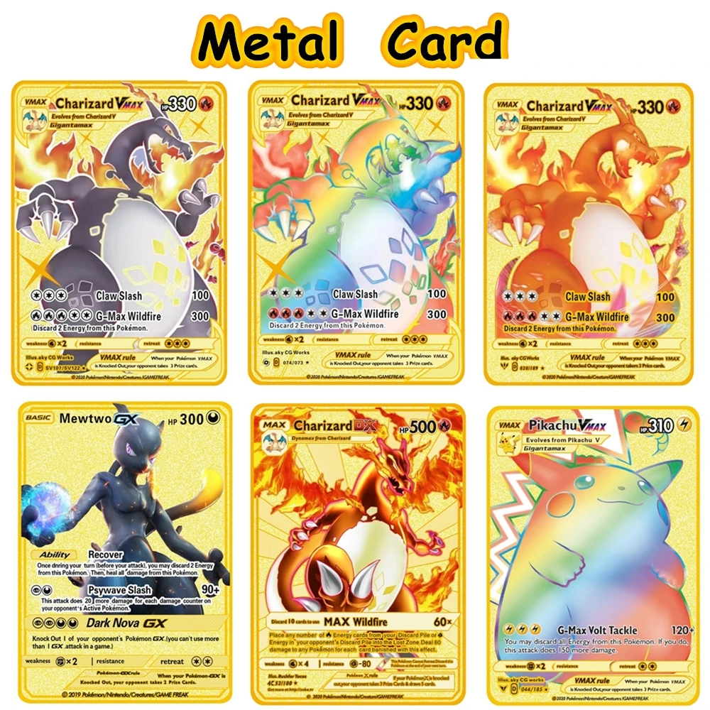 

Новые карты покемона, металлическая карточка, Charizard Mewtwo, Пикачу, карточки Покемон, животные, железные блестящие карточки Vmax, игра, коллекция, ...