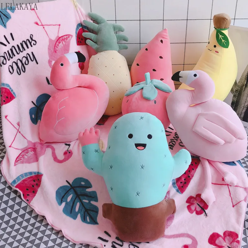 

Cute Flamingo Doll Blanket Fruit Watermelon Banana Doll Pillow Air Conditioning Blanket Baby Kids Girls Plush Bird Stuffed Toys