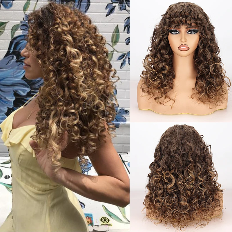 

17'' Loose Wave Wigs with Bangs Brown Blond Long Deep Curly Wig Natural Synthetic Women's Hair Heat Resistant Fiber Hair Cosplay