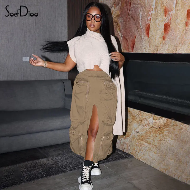 

Soefdioo Women Casual Loose Front Slit High Waist Maxi Skirt 2022 Gray Multi Pockets Cargo Skirts High Street Female Bottoms