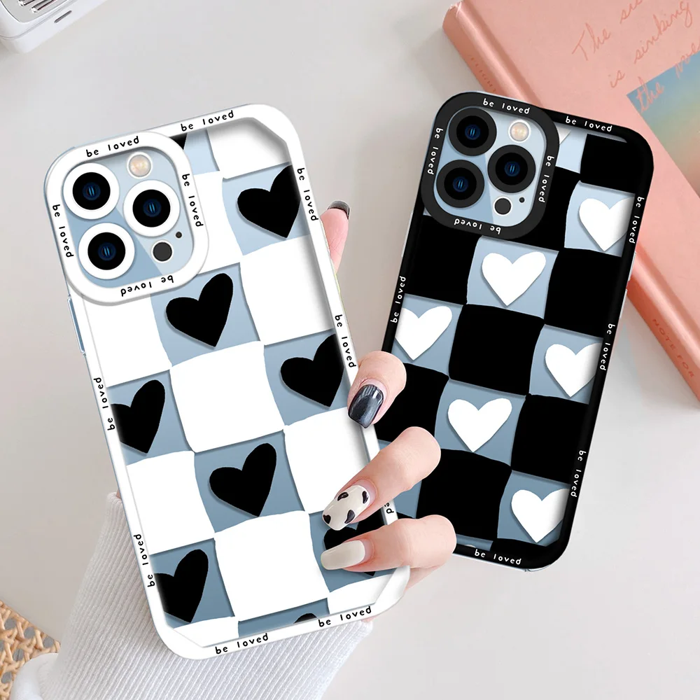 

INS Korea Lattice Phone Case for iPhone 13 12 Mini 11 Pro Max XS X XR 7 8 Plus SE Transparent Soft Capa Love Heart Fashion Coque