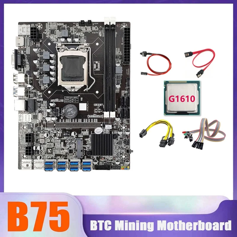 B75 BTC Miner Motherboard 8XUSB+G1610 CPU+Switch Cable+SATA Cable+6Pin To Dual 8Pin Cable+With Light Switch Cable