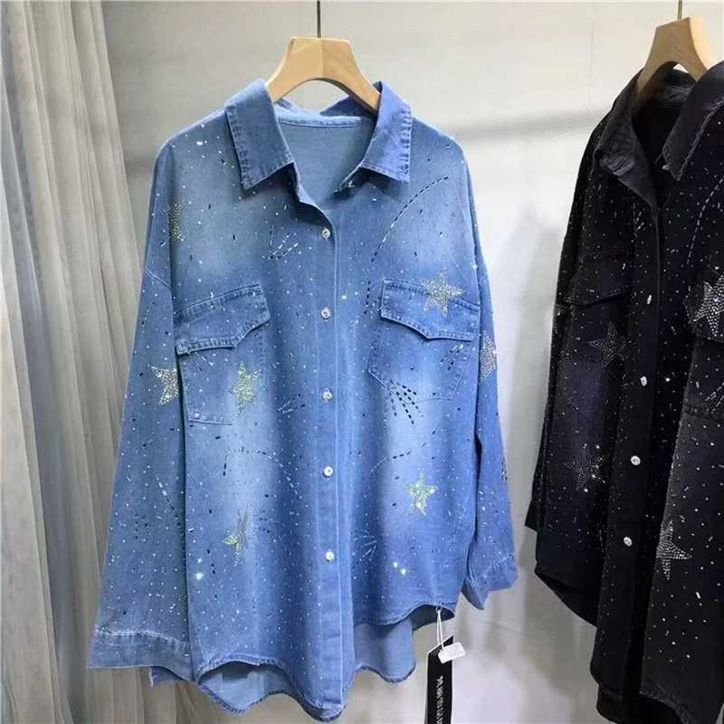 Роскошный стиль джинсовая куртка с карманами и блестящими камнями для женщин