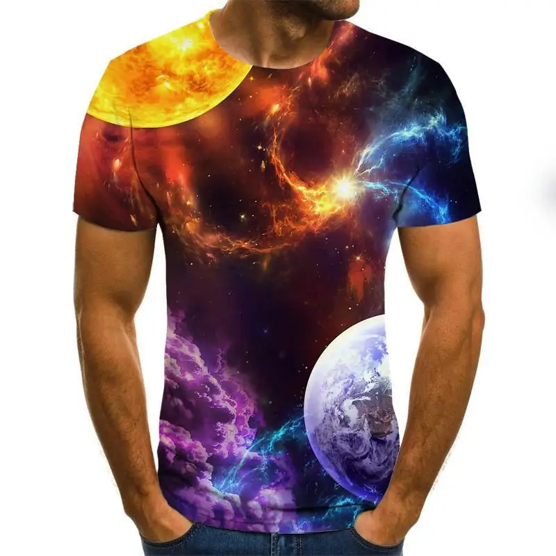 Summer Men'S Printed T-Shirt, 3d Casual Street Clothing, 3d Universe Planet Tree Scenery Short Sleeved