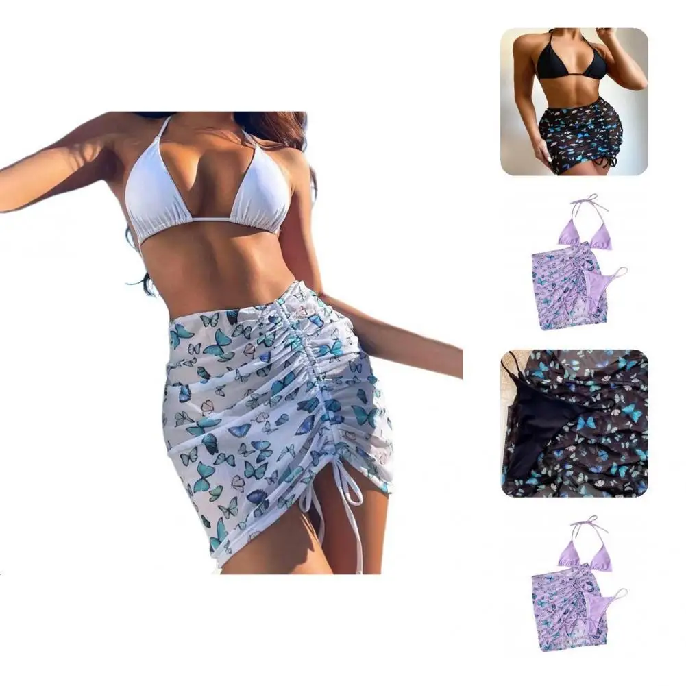 

3 Pcs/Set Swimwear Set Sexy Three-piece Halter Neck See-through Bathing Suit Bikini Set for Vacation