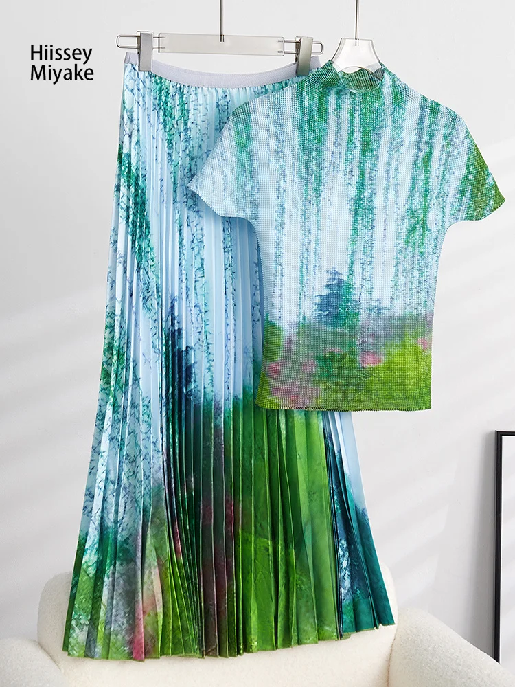 

HiIssey Miyake Casual Classical Style Women Plant Image Pattern Short-sleeved Top+Fashion Design Pleated Print Half-body Skirt