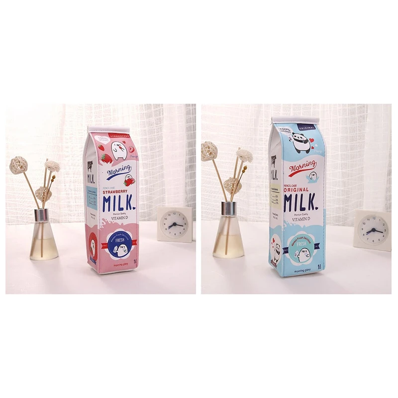 

2 Pcs New Creative Simulation Of Milk Cartoon Pencil Case Cute PU Pen Bag Stationery Pouch For Student School Supplies, Blue & R