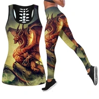 tricolor dragon combo hollow tank legging yoga pants and hollow tank womens sport vest suits leisure suits