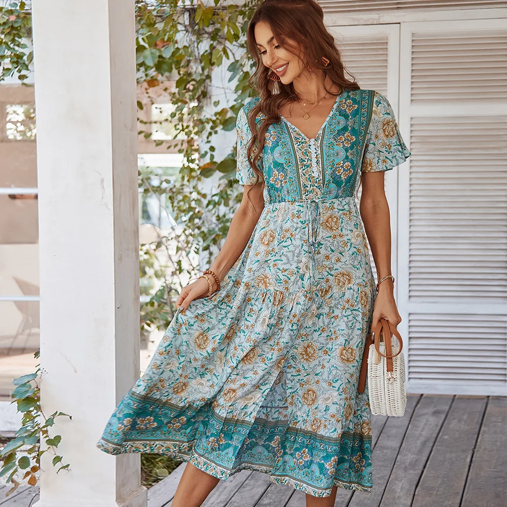 

Vacation Dress Vintage Floral Boho Printed Vestidos Women Short Sleeves Summer Beach Dress V Neck A Line Bohemian Midi Dresses