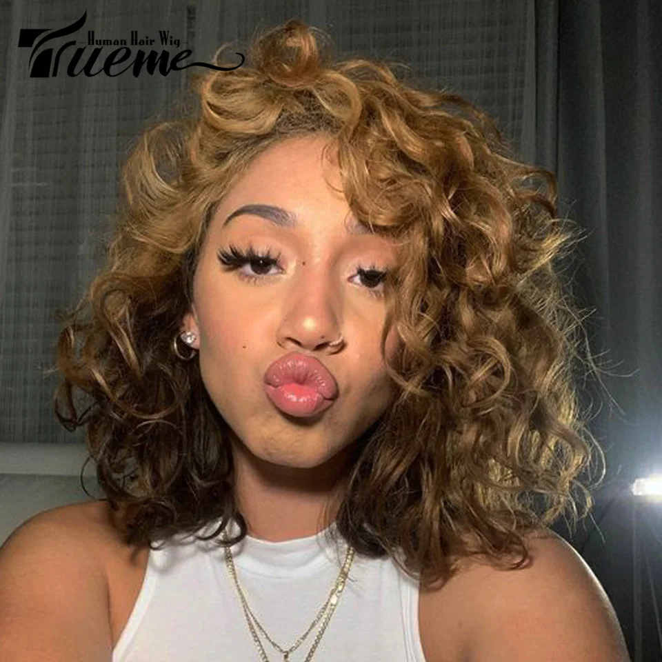 Ed Brazilian Bouncy Curly Human Wig With Bangs Ombre Brown Machine Wig