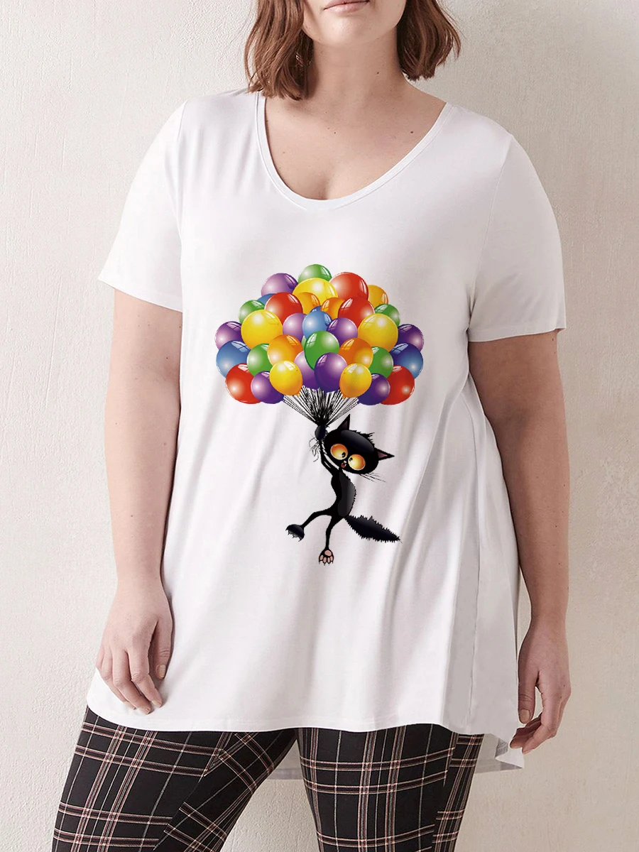 

Large Plus Size Women T Shirts for Woman Oversized Tops With Cartoon Cute Cat Print Y2K T-shirts and Blouse Ropa De Mujer Tees