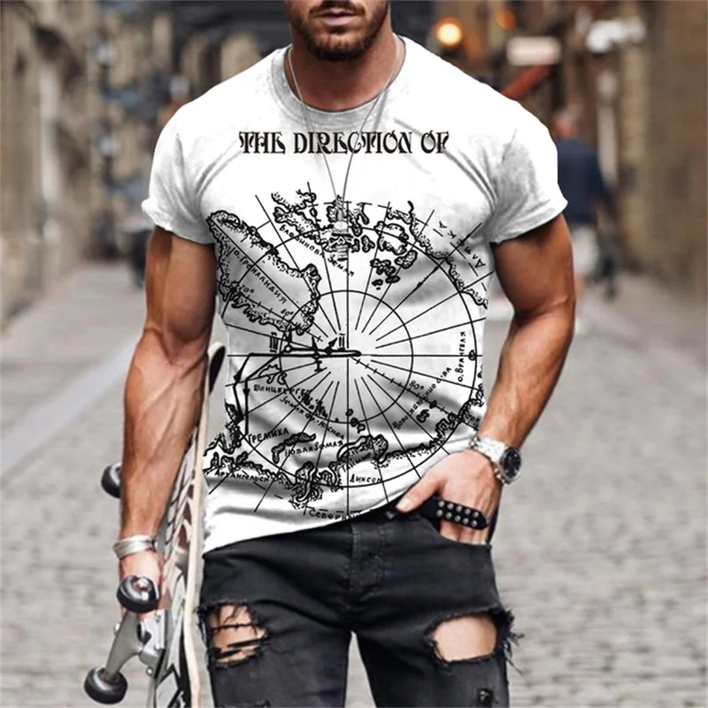

Men's Nautical Map Printing Fashion T-Shirt Summer New Trend Casual Round Neck Tee Man Short Sleeve Streetwear Top Thin Section