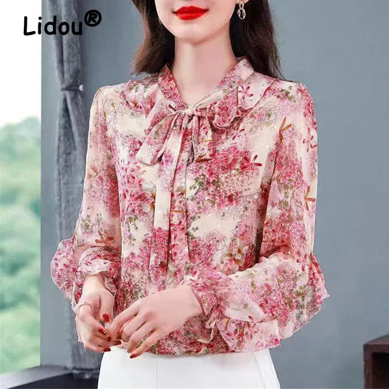 

Spring Summer Vintage Floral Print Bow Ruffle Chic Elegant Fashion Blouse Women's Loose Casual Shirt Pullover Ladies Tops Blusas