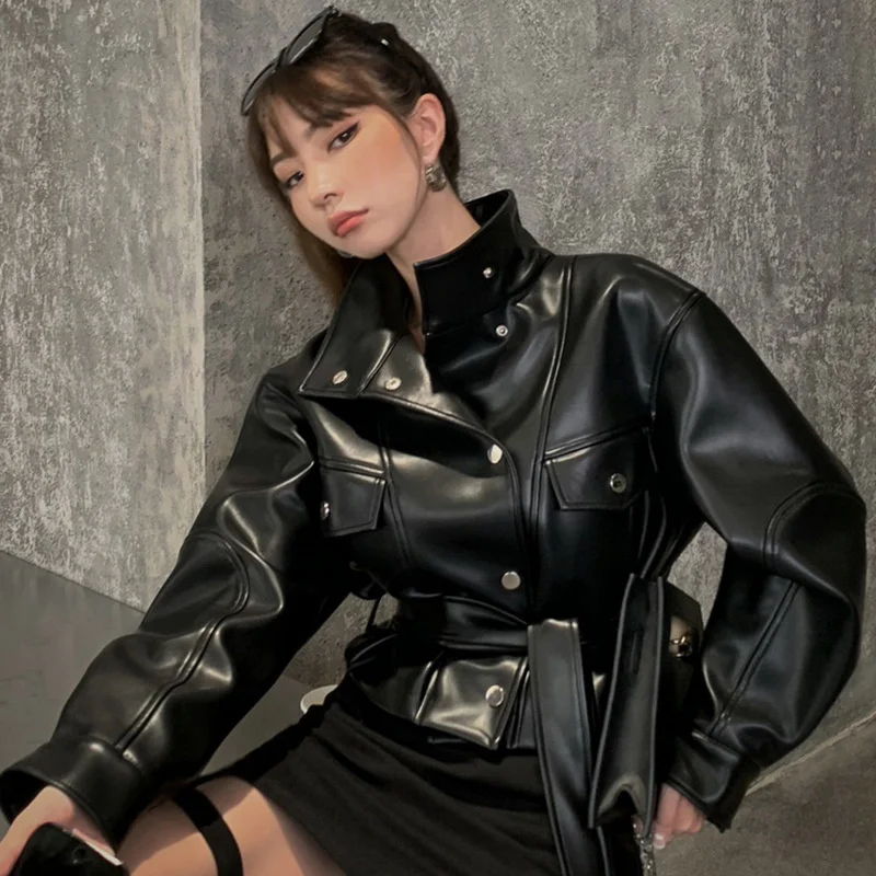 

Sheep Leather Jacket For Women's New Spring and Autumn 2022 Black Motorcycle Short Overcoat Belt Slim Fit Genuine Leather Jacket