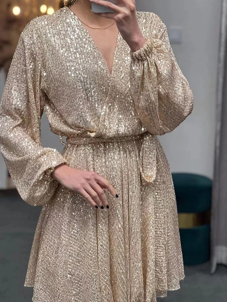 

Pleated V Neck Sequin Women Mini Dresses Female Lantern Long Sleeve Silver Dress 2022 Elegant Belt Party Club Ladies Vestidos