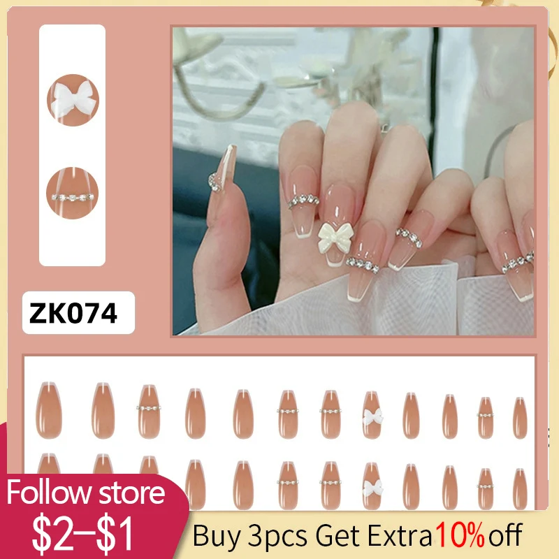 

24pcs/Set Fake Nails Nude Bow Tie Designs False Nails With Glue Short Almond Cute Sweet Nail Art Press On Fake Nail Tips