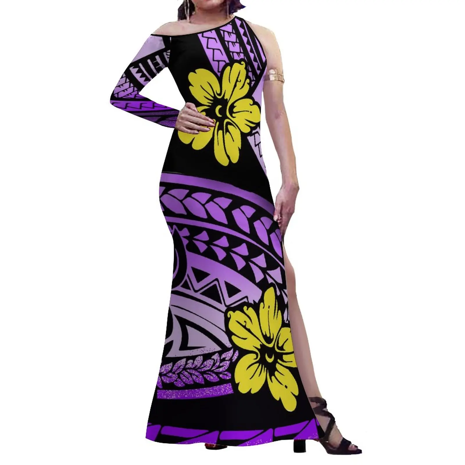 

Polynesian Hawaii Style Hibiscus 3D Print Half Shoulder Dress Pacific Island Art Big Size 8XL Sleeveless Dress Slit Dress