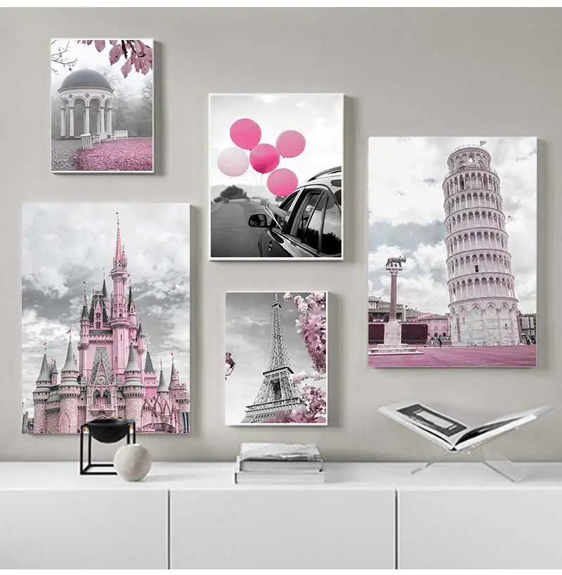 Nordic canvas painting for room decoration posters and prints Paris flower France city building castle pink black
