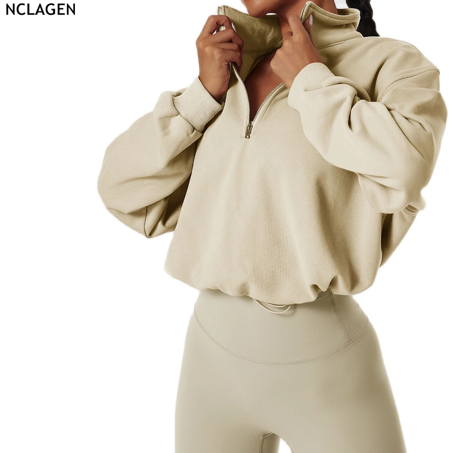 

Женский спортивный пуловер NCLAGEN, свитер с высоким воротником для фитнеса, свитер для бега на открытом воздухе, на молнии, свободная толстовка с длинным рукавом, для тренировок в тренажерном зале