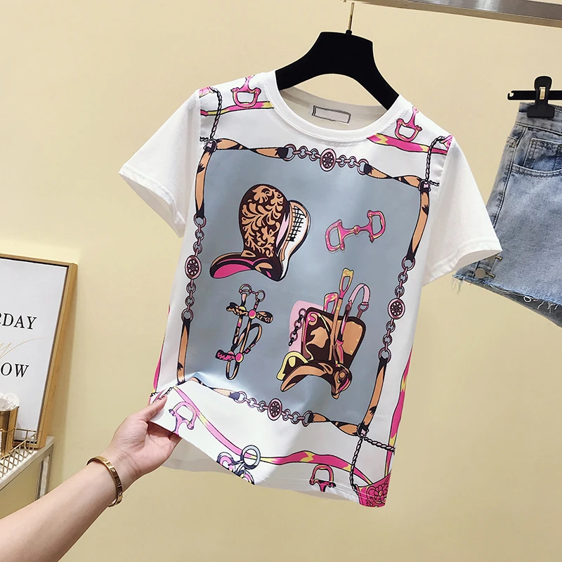 

White Print Short Sleeve T Shirt Women O-neck White Tee Shirt Femme Personality Loose Basic Tshirt 2022 Summer Tops New Arrival