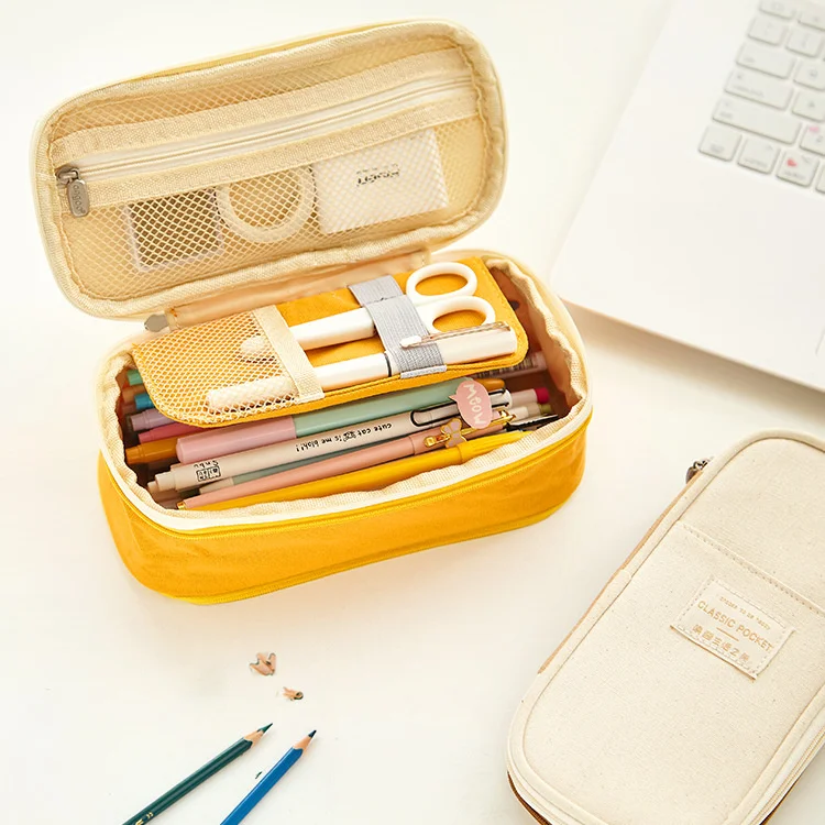 

New Macaron Color Canvas Pencil Case Stretch Double Layer Large Capacity Stationery Pen Box Cute Pencilcase Storge Kids School