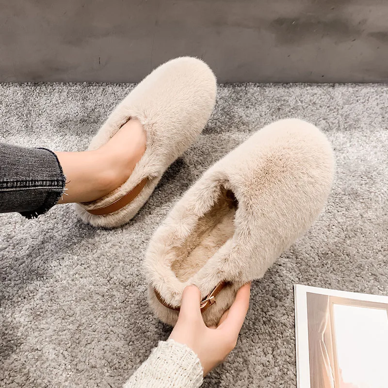 

Women Cute Sweet Slip on Loafers Ladies Classic White Comfortable Winter Warm Fur Home Slippers Indoor House Furry Shoes Y