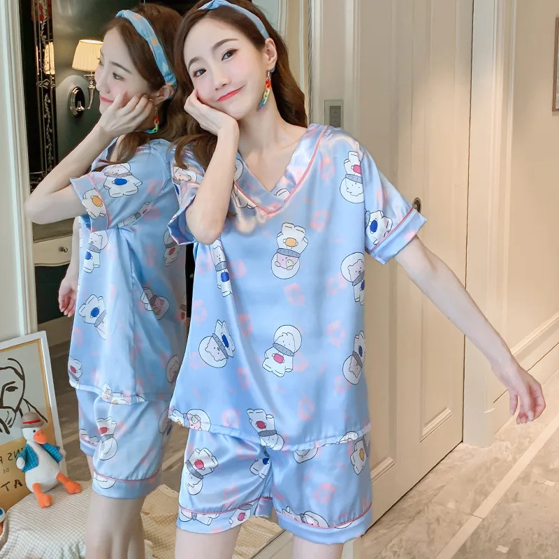 Women's Summer Thin Ice silk Short Sleeve Pajama, Korean Version of Sweet and Lovely Sleepwear, Cartoon Lounge Two-piece Suit