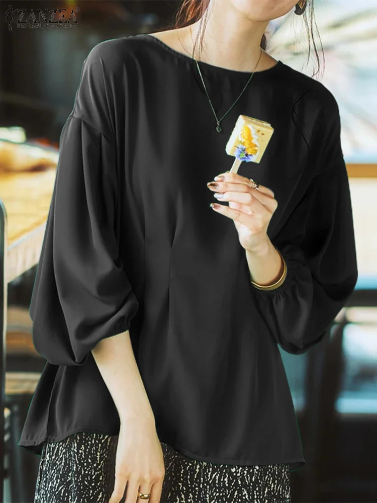 

ZANZEA Solid Color Ruffles Blouse Spring Puff Sleeve O-Neck Shirt Holiday Party Korean Tops 2023 Elegant Fashion Women's Blouses