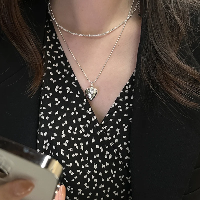 

925 Sterling Silver Fragmented Irregular Texture Love Necklace for Women Simple and Fashionable Personality Combination