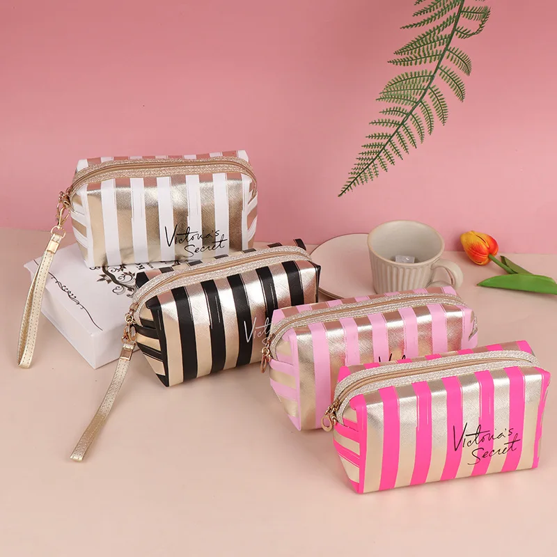 

Stripe Makeup Comestic Case Clutch Pouch PU Laser Octagonal Storage Bag Women's Handbag Portable Toiletry Travel Organizer