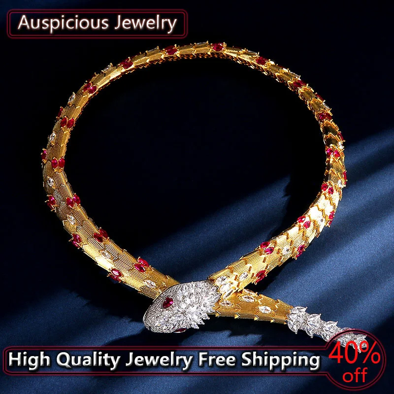 

European Trend Gold Color Green Red Snake Shape Necklace Fashion Exaggerated Women's Snake Magnetic Buckle Collar Luxury Jewelry