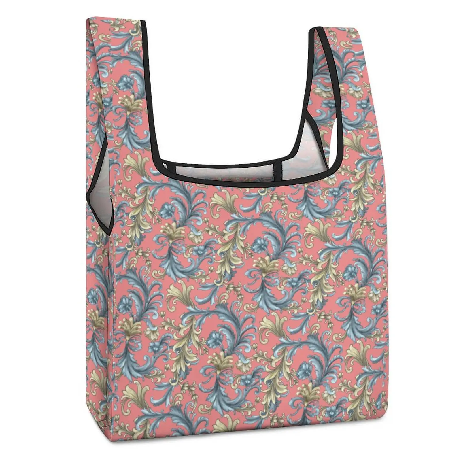 Color Blocked Tote Folding Shopping Bag Double Strap Handbag Retro Pink Print Tote Casual Woman Grocery Bag Custom Pattern