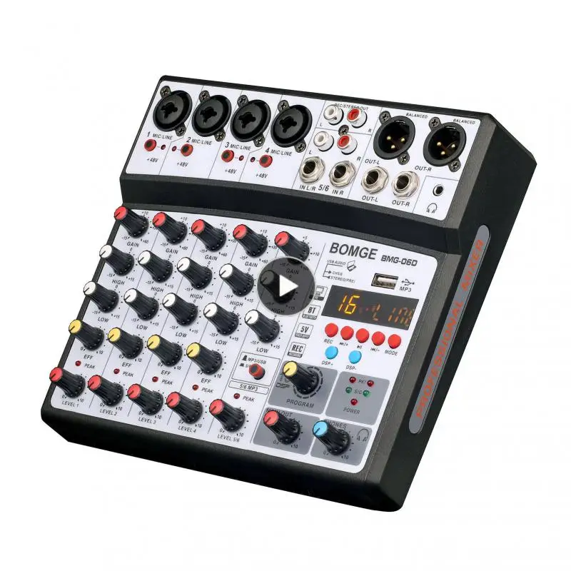 

Microphone Sound Mixer 6 Channel Studio Audio Mixing Karaoke Mixer Mini Ksong Sound Card Bomge0-6d Professional Audio Digital