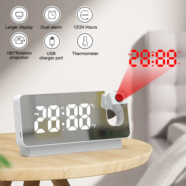 180° Rotation LED Digital Projection Alarm Clock USB Electronic Ceiling Projector Alarm Clock for Bedroom Bedside Desktop Clock 3