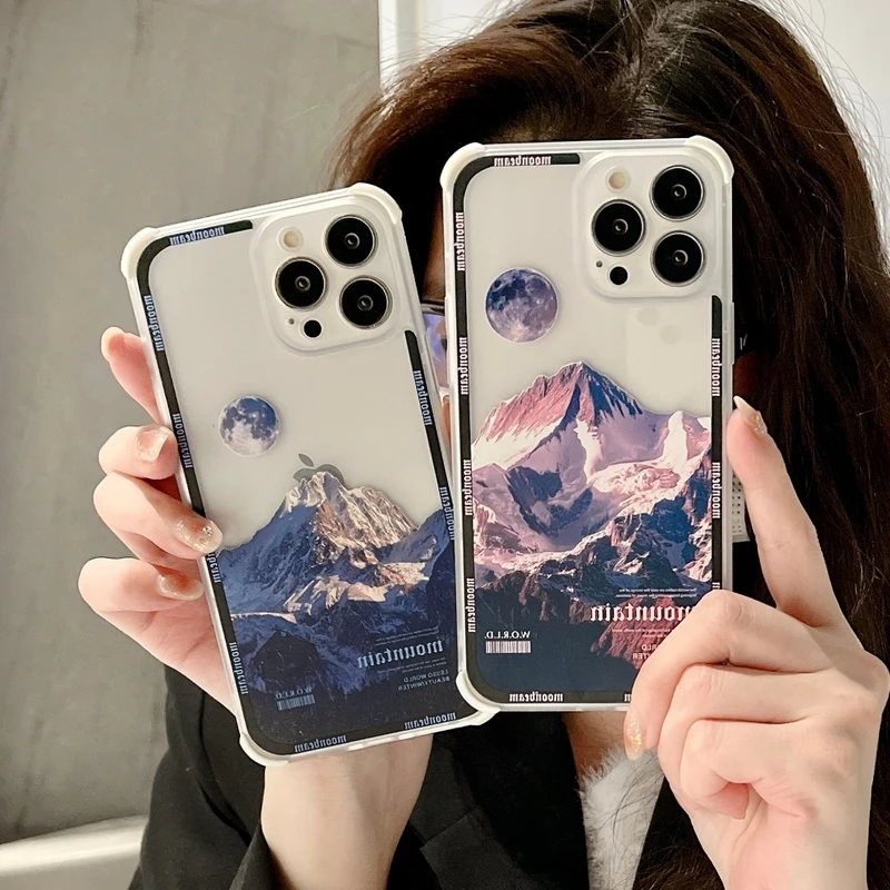 

Retro Art Snow Mountain Sunset Landscape Phone Case For iPhone 11 12 13 Pro Xs Max Xr X 7 8 Puls SE 2 Shockproof Hard Cover