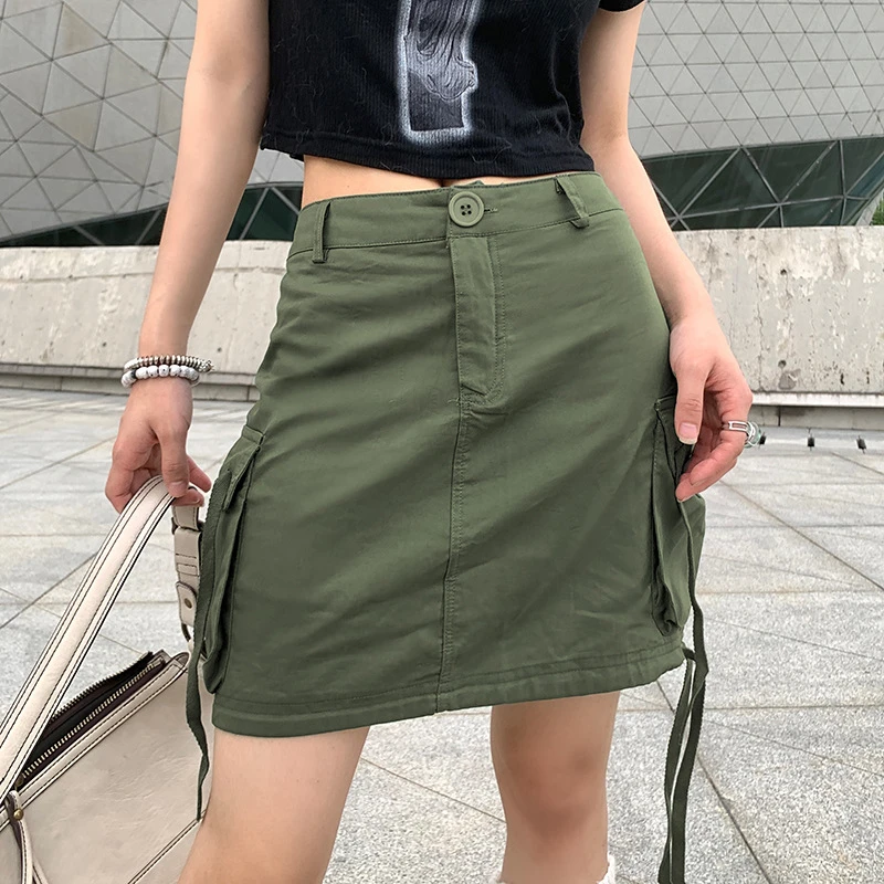 

Summer Slim Fashion Sexy Club Plain Low Waist Pockets Lace-up Casual Vintage Mini Skirt Women Girl Straight Cargo Skirts