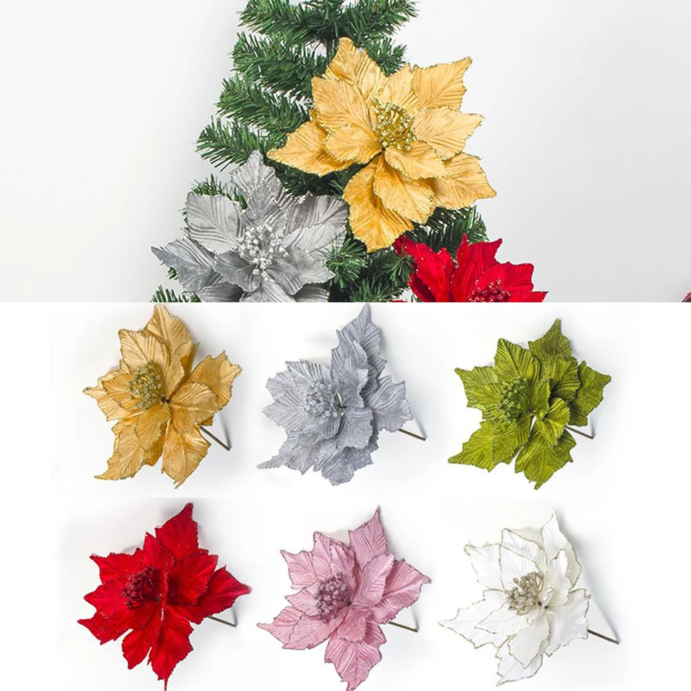

1PCS 24CM Poinsettia Large Glitter Christmas Flower Xmas Tree Hanging Decorations Ornaments For Home Party Xmas Decor