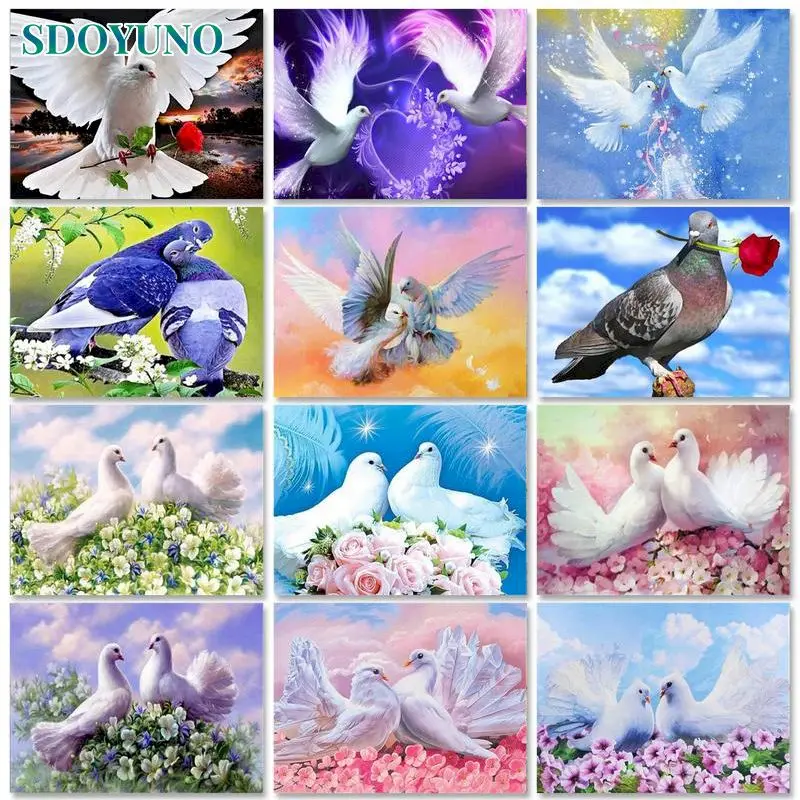 

SDOYUNO 40x50cm Frame Painting By Numbers For Adults Pigeon And Flowers DIY Number Painting On Canvas For Wall Art Picture