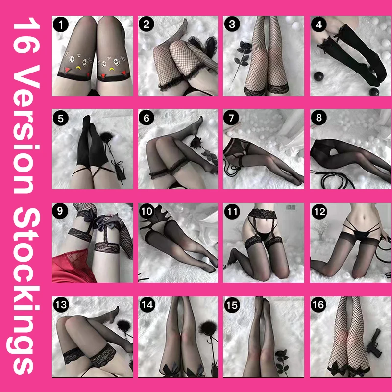 

16 Ver женские чулки JK кавайные длинные носки для девочек колготки носки с открытой промежностью сексуальные кружевные сетчатые с бантом черного цвета