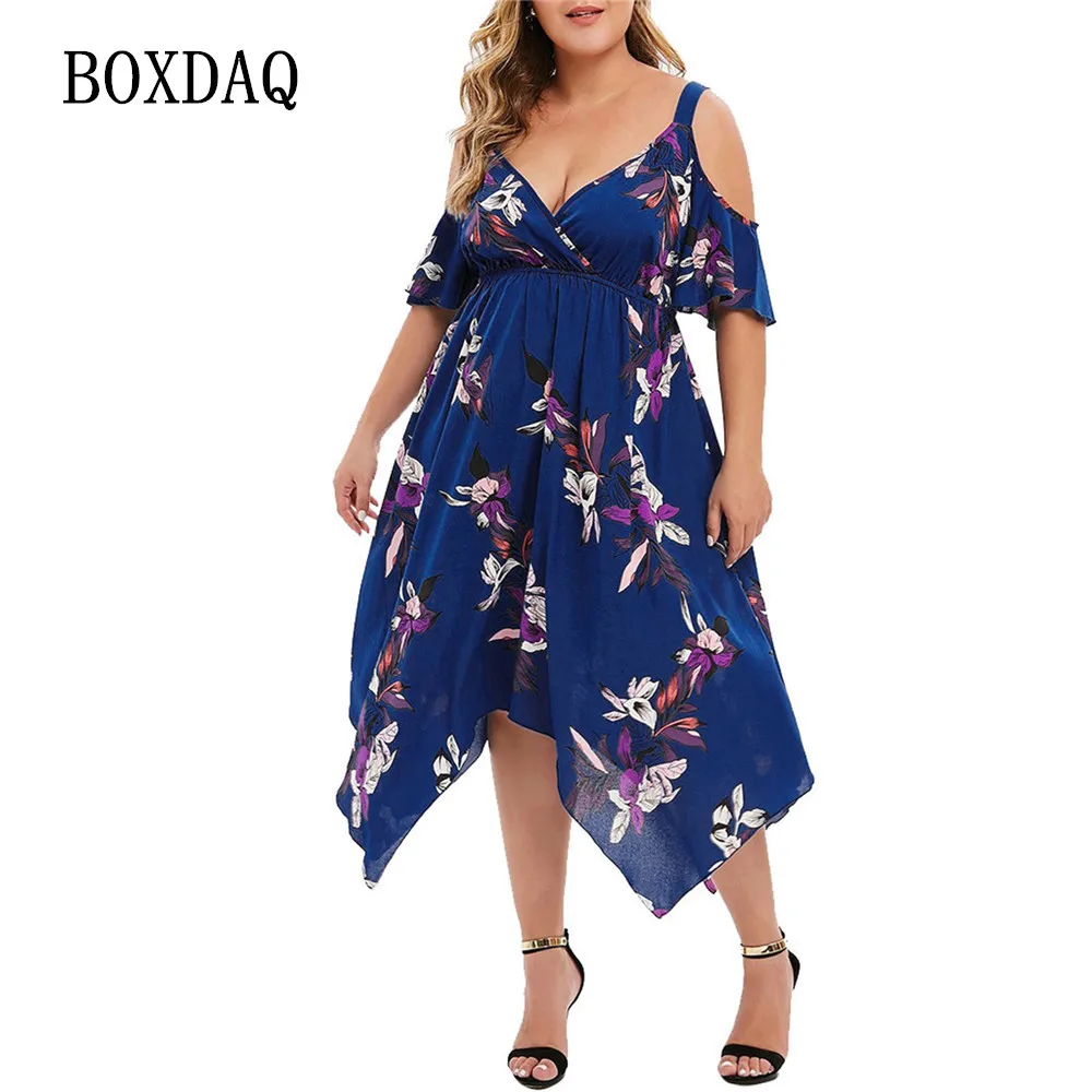 

Sexy Summer Beach Dress Plus Size 4XL 5XL Women V-Neck Off Shoulder Strap Dress High Waist Floral Print Irregular Boho Dresses