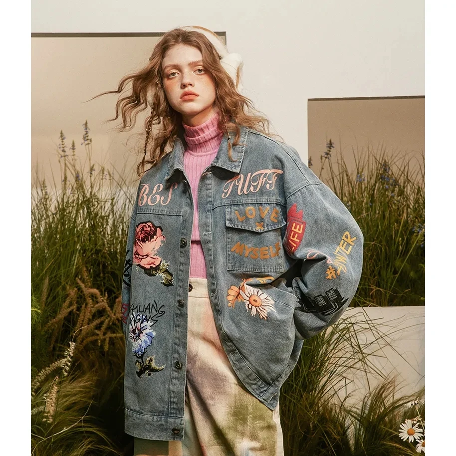 Женские свободные повседневные ковбойские куртки с принтом граффити