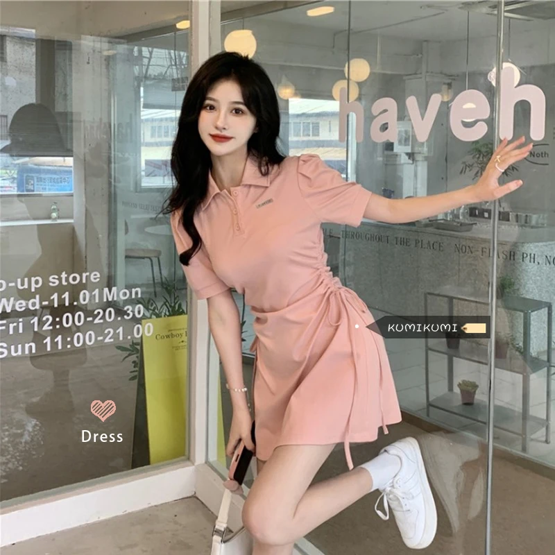 

Милая и острая юбка, розовая юбка-футболка, женское платье-поло с воротником-поло, платье с пузырьковым рукавом, летняя облегающая трапециев...