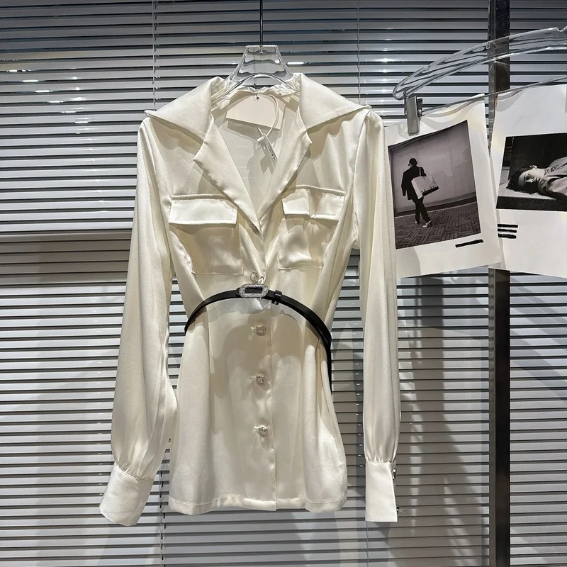 

BORVEMAYS 2023 Spring Summer New Fashion Trend Lapel Long Sleeve Single-breasted Solid Color Pockes Belt Elegant Shirt Women