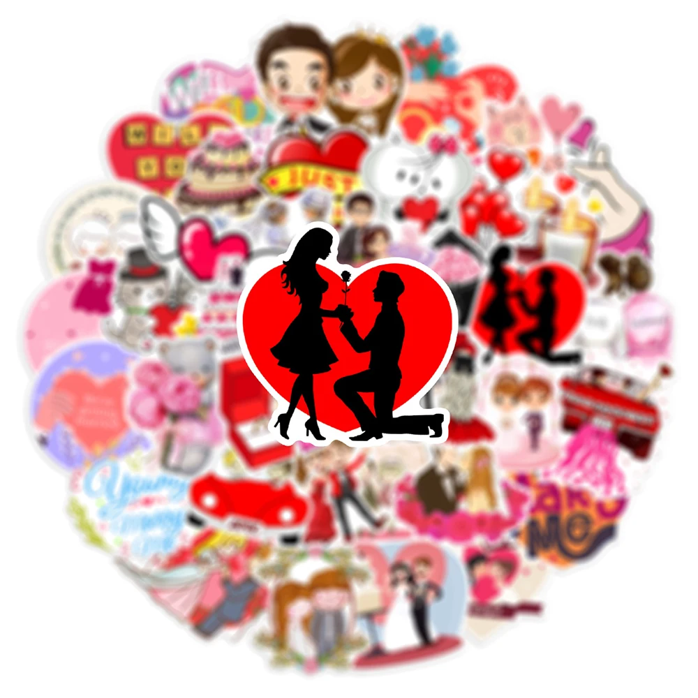 

10/30/50pcs Love Wedding Theme Cartoon Stickers Decorative Wall Water Bottle Phone Scrapbooking Album Waterproof Sticker Decals